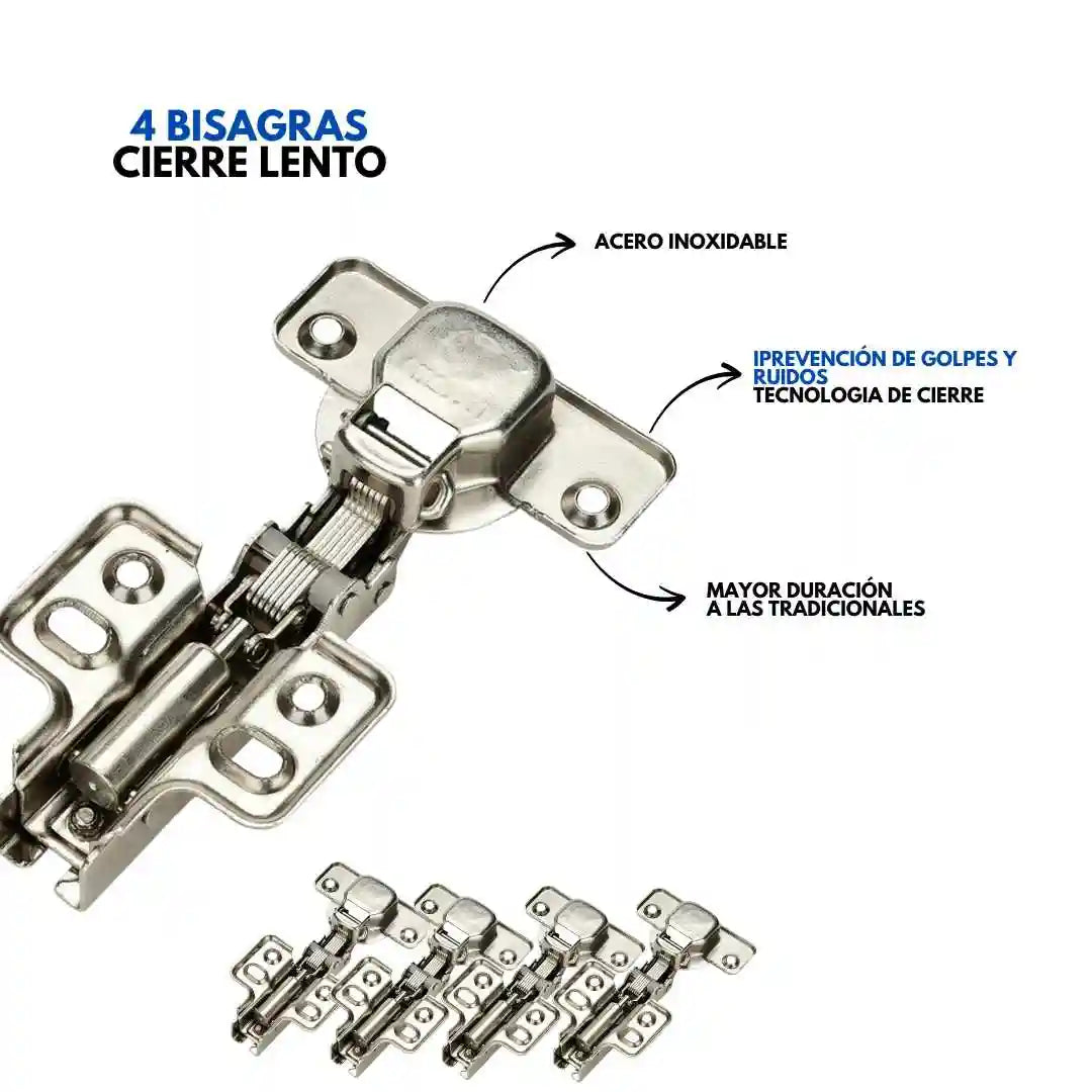 COMBO BISAGRAS PRO: 4 PLACAS DE BISAGRAS + 4 BISAGRAS CIERRE LENTO + 24 TORNILLOS